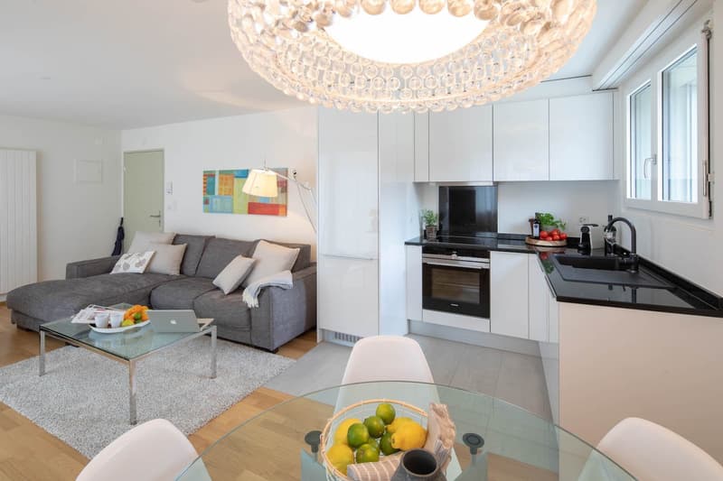 open floor plan with living room and kitchen, chandelier, gray couch, glass coffee table, kitchen with island, open shelves, modern appliances