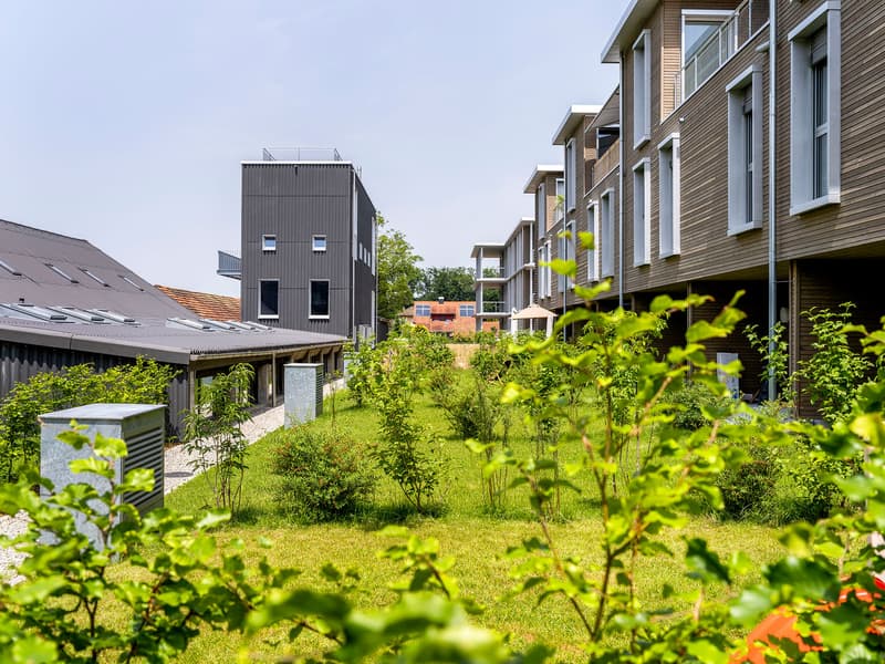 Multiple story building with grey walls, wooden balconies, windows, multiple buildings on either side of a grassy courtyard