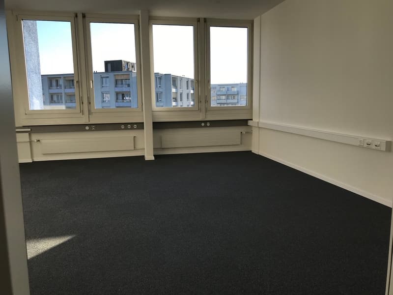 empty room, white walls, black carpet, 3 windows, power outlets, heating
