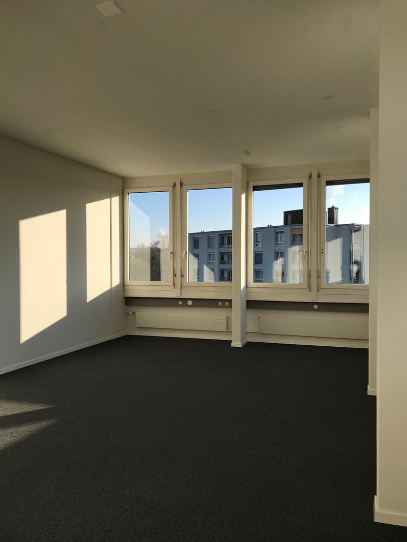 empty room, white walls, black carpet, 3 windows, view of buildings