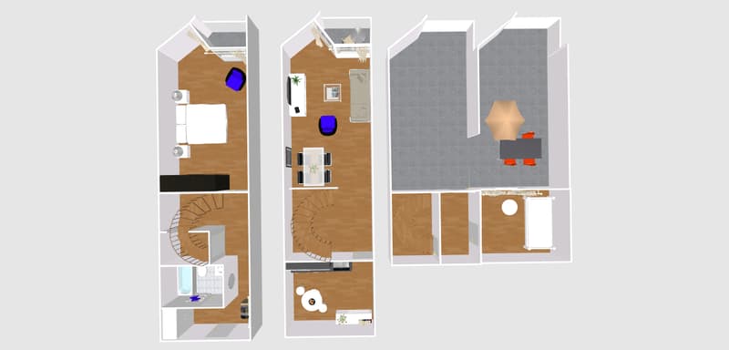 3 views of the floor plan: living room, kitchen, bathroom, bedroom, spiral staircase, hallway