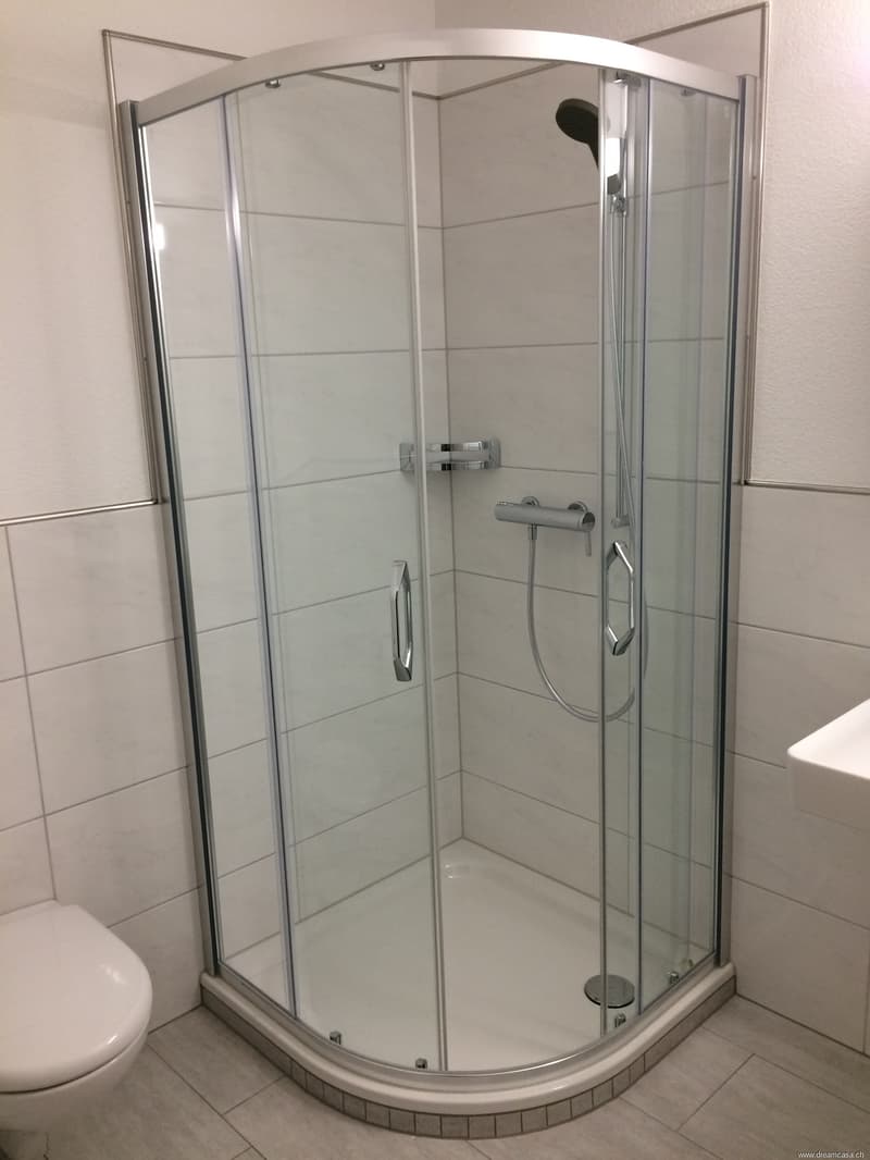 Badezimmer mit Dusche, Lavabo und WC