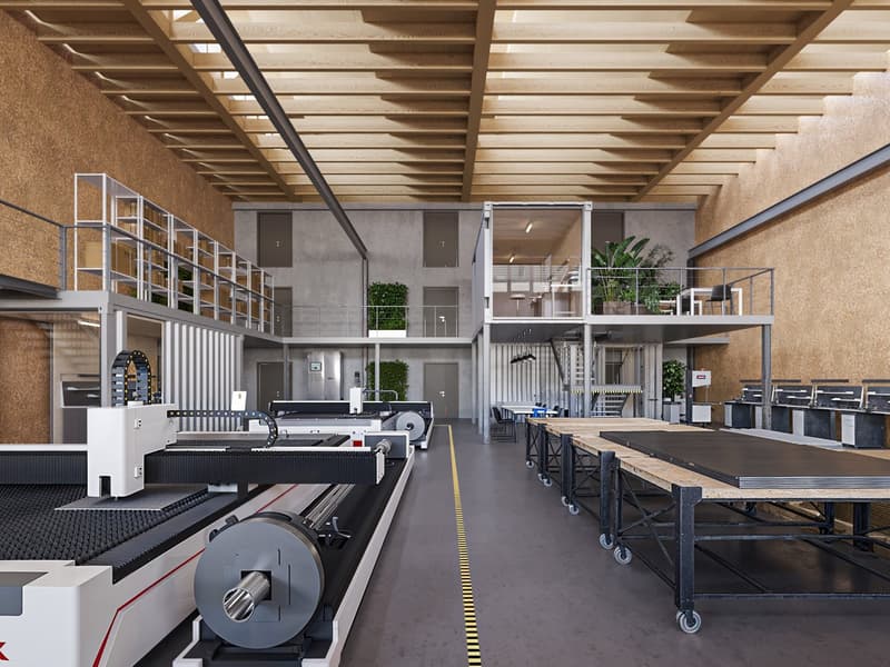 Multi-story industrial building, modern machinery, open layout, multiple work tables, warehouse storage