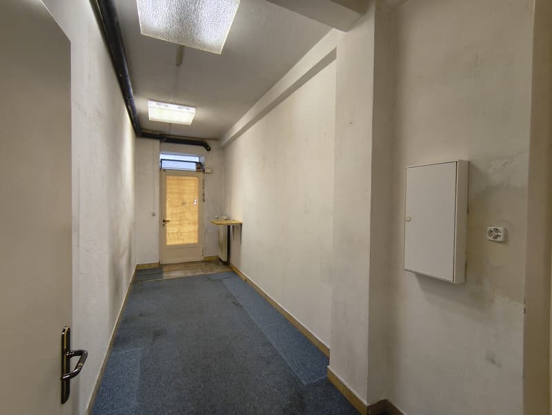 The image shows a narrow hallway with white walls, a gray carpeted floor, and a wooden door at the end. There is a small table or shelf on the wall and a light fixture on the ceiling.