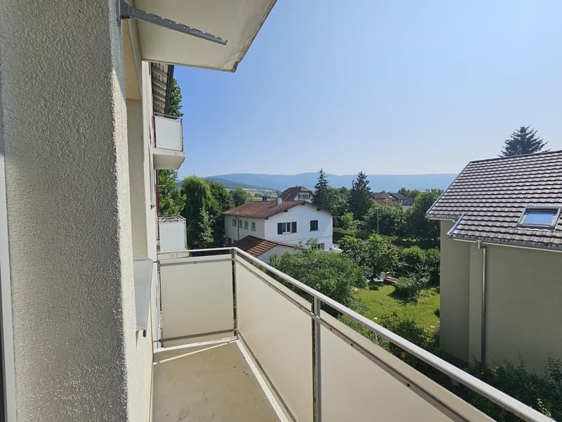 Balcony with a view of the surrounding neighborhood, including houses, trees, and mountains in the distance.