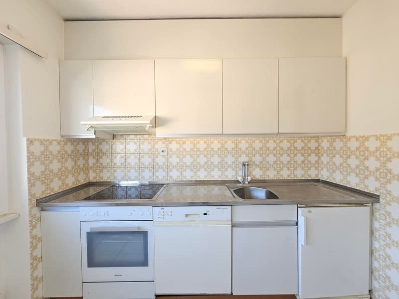 White kitchen cabinets, tiled backsplash, stainless steel appliances including oven and dishwasher, sink with countertop