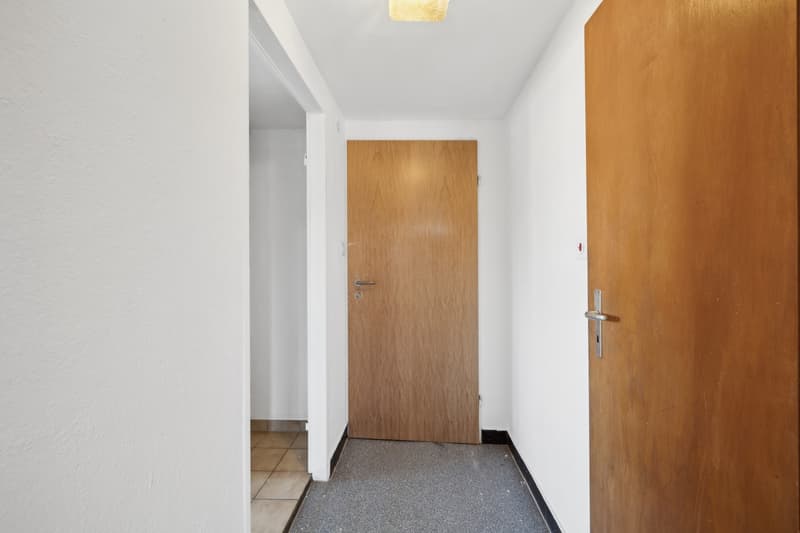 The image shows a hallway with white walls, a wooden door, and a tiled floor. The hallway appears to be simple and functional, with minimal decor.