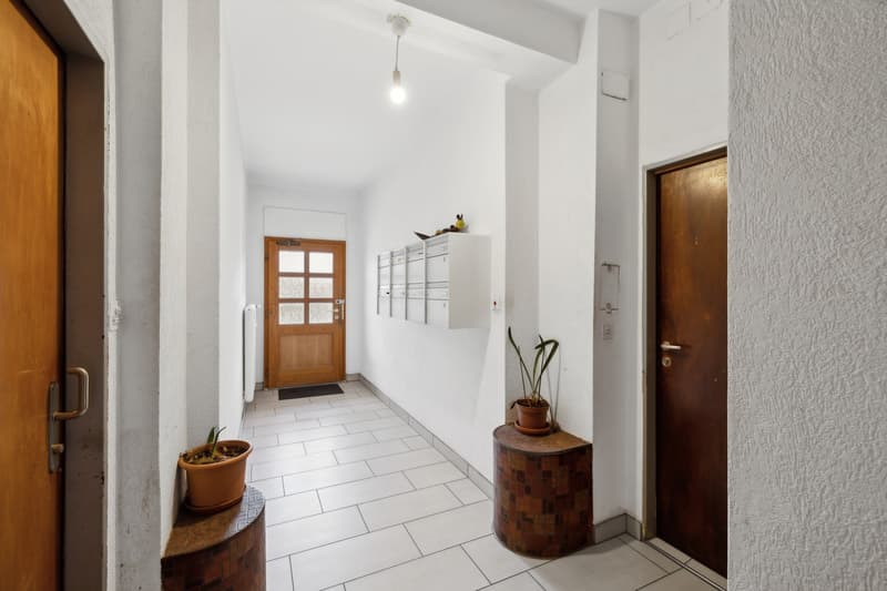 Tiled floor, white walls, wooden door, mailboxes, potted plants, wooden side table
