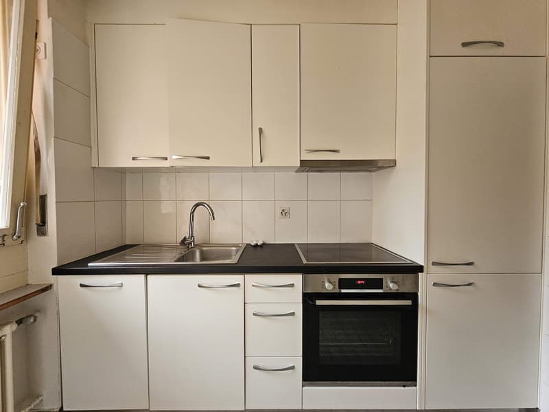 The image shows a modern kitchen with white cabinets, a black countertop, a stainless steel sink, and a built-in oven and cooktop. There is also a dishwasher visible in the kitchen.
