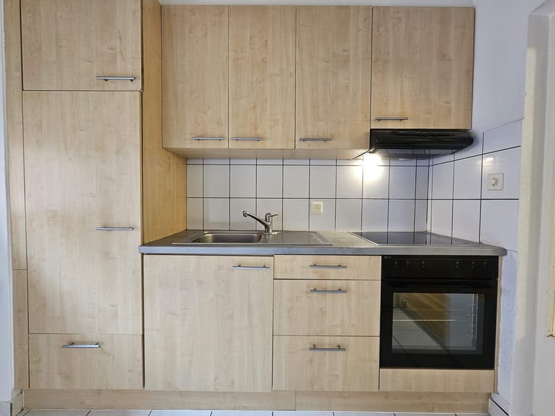 The image shows a modern kitchen with light wood cabinets, a stainless steel sink, a built-in oven, and a dishwasher.