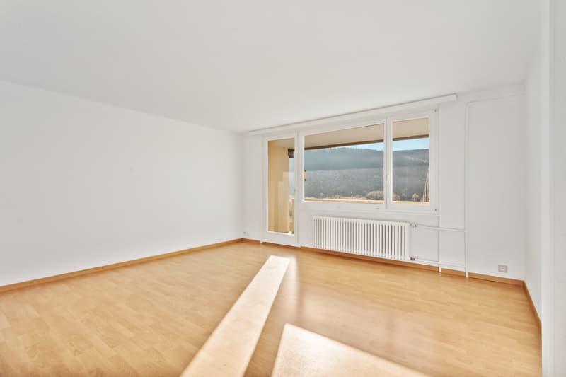 Spacious bedroom with large windows offering a scenic view, hardwood flooring, and a radiator heater.