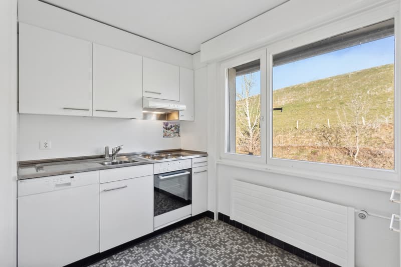 Bright and modern kitchen with white cabinets, stainless steel appliances, and a large window overlooking a scenic outdoor landscape.