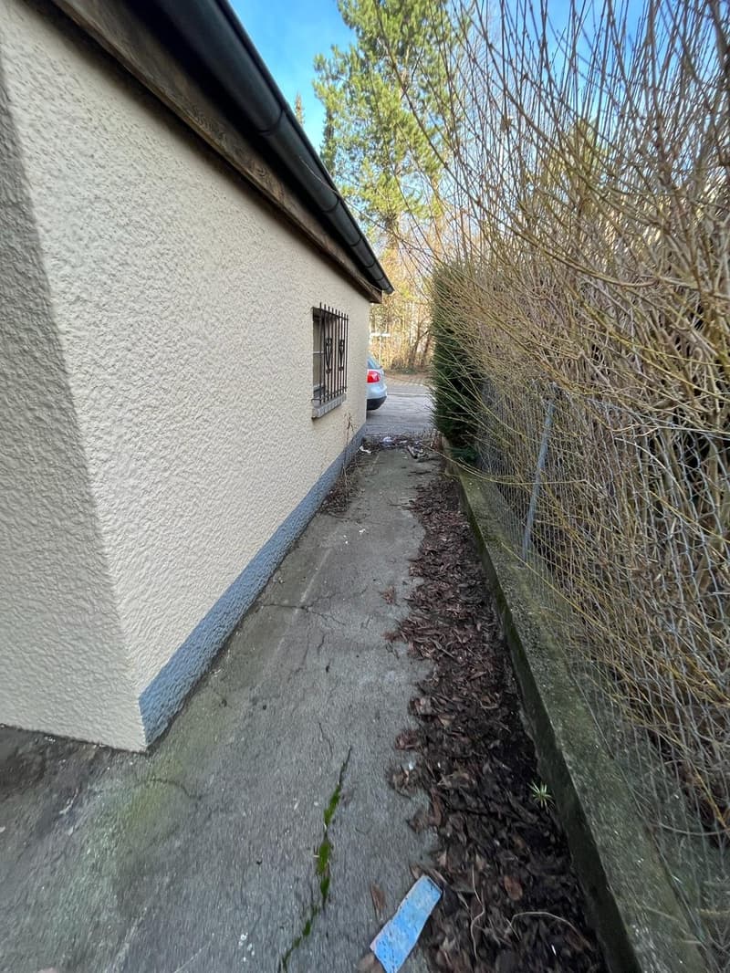 Narrow alleyway between buildings, with a concrete path, overgrown vegetation on the sides, and a car parked in the distance.