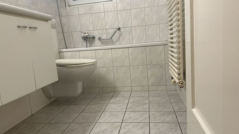 Tiled bathroom with a toilet, towel rack, and a radiator. The floor is tiled and the walls are also tiled in a light gray color.
