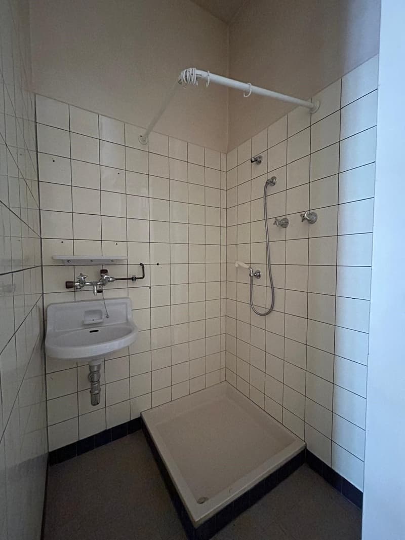 Tiled bathroom with a sink, shower, and a raised platform for a washing machine.