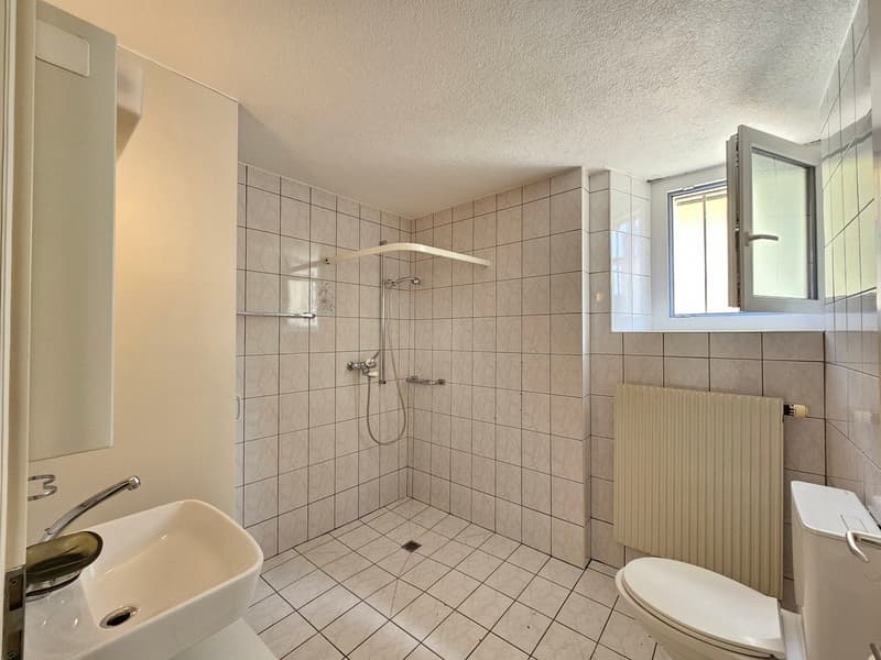 Tiled bathroom with a shower, toilet, and sink. The bathroom has a window and a radiator.
