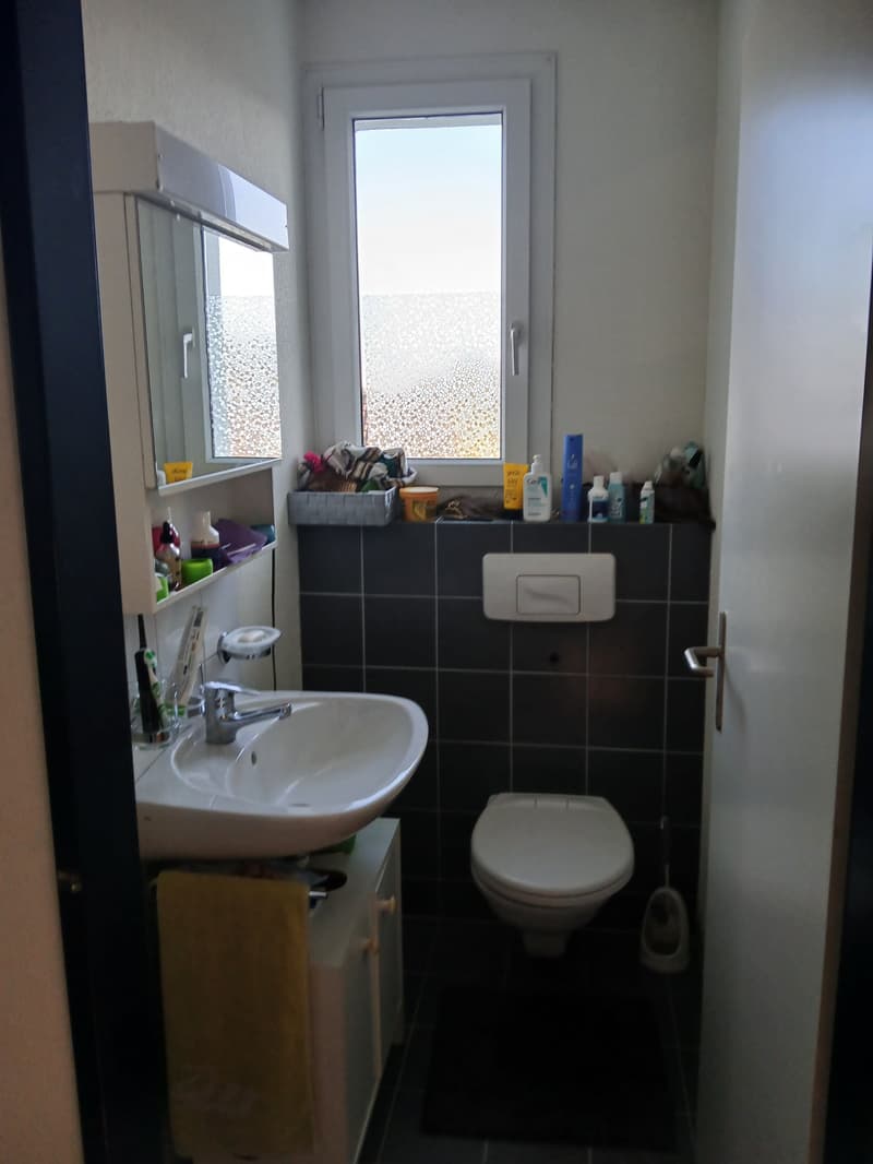 white porcelain sink, white toilet, black tiled wall, mirror, small shelf, white storage cabinet, window
