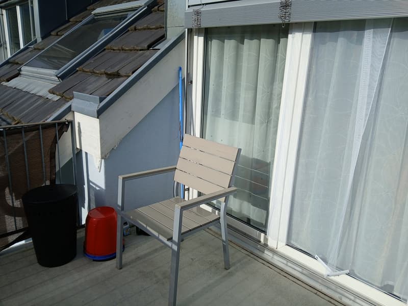 chair, trash bin, bucket, railing