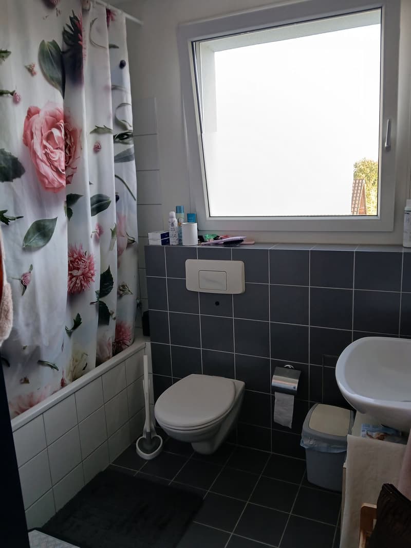 Small bathroom with toilet, sink, bathtub and shower.