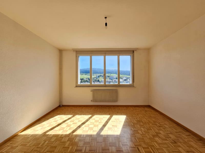Empty room, large window, radiator, wooden floor, outside view of a valley