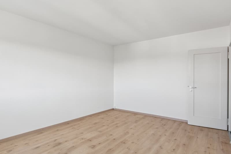 an empty room with white walls, white ceiling, wooden floor, and white door