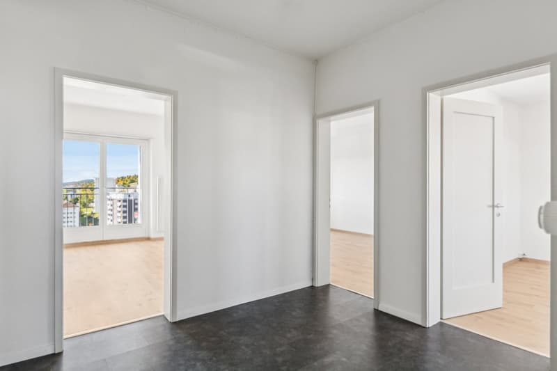 Empty room, white walls, wooden floors, balcony with city view