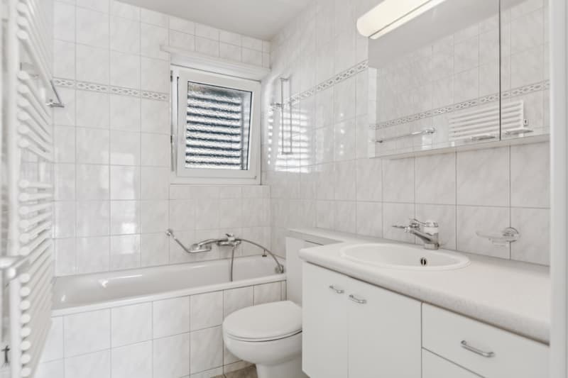 white tiles, bathtub, toilet, sink, radiator, mirror