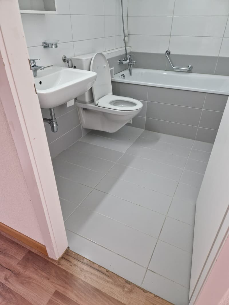 white tiles, white sink, white toilet, white bathtub, silver faucets, pink door