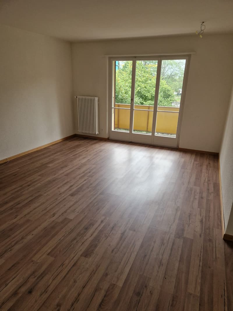 empty room, wooden floor, sliding glass door to balcony, white radiator
