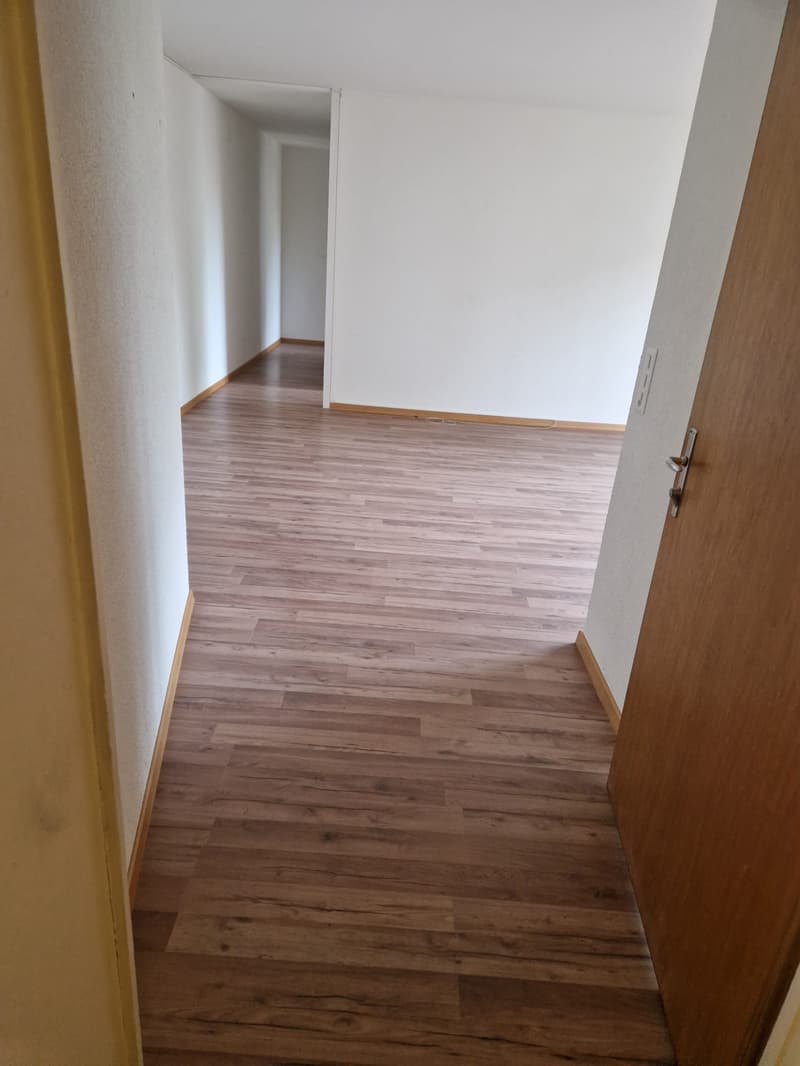 Empty corridor with wooden flooring, white walls, and two doors, one of which leads to a white room.