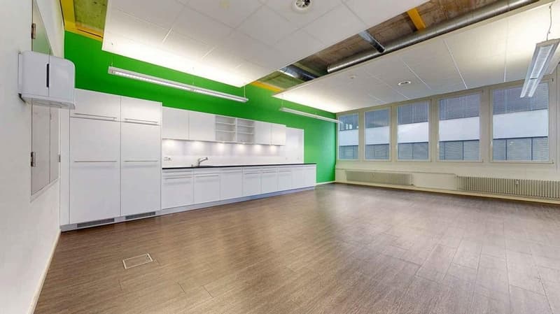 empty room with kitchen, wooden floor, white walls, green wall, white cabinets, windows, built-in oven, sink, faucet, radiator