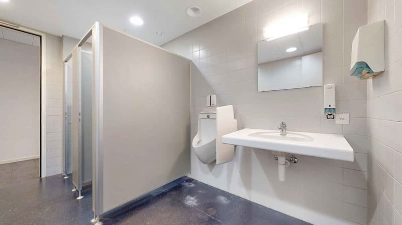 modern, white tile, urinal, sink, mirror, soap dispenser, gray floors
