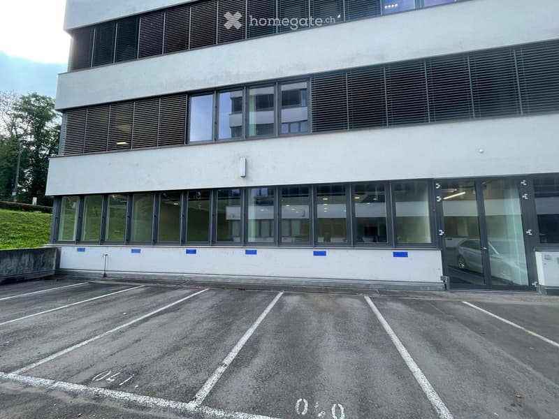 Parking area in front of office building with glass walls and windows, parking spaces marked