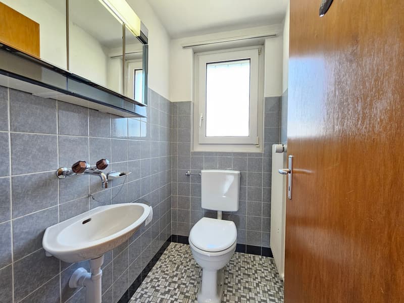 small bathroom with sink, toilet, mirror, and window
