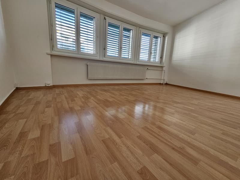 large hardwood floor, large windows, heater