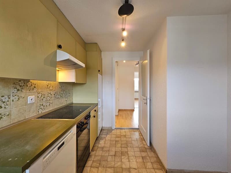 kitchen with stove, oven, extractor hood, fridge, dishwasher, countertop, tiled flooring, cabinets