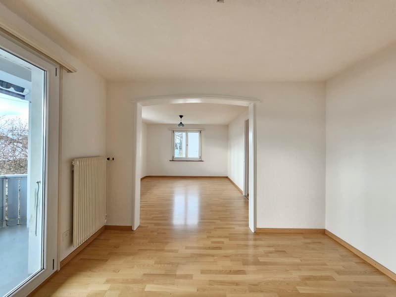 an empty hallway with a glass door leading to a balcony, wooden floor, white walls, ceiling lamp