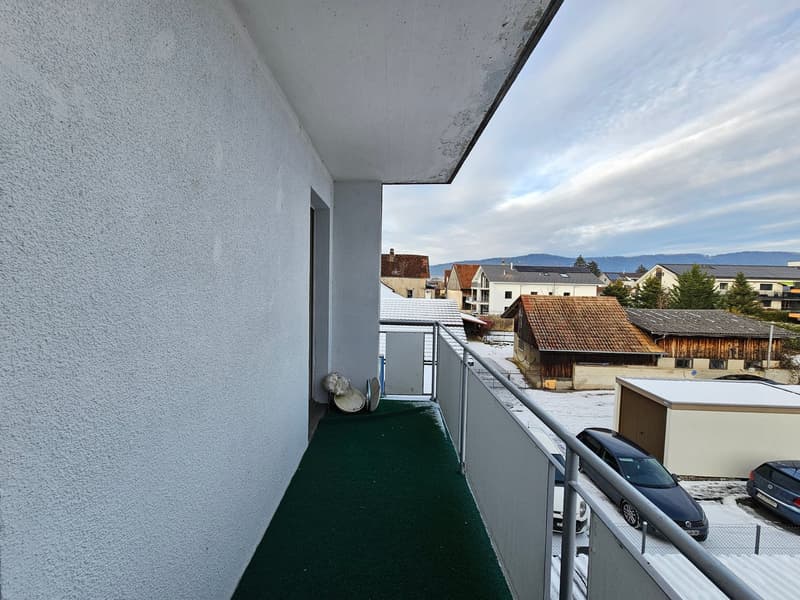 Balcony with green carpet, metal railing, partial view of snow-covered ground, nearby houses