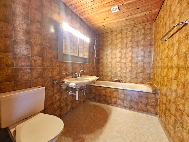 Brown tiled walls, white sink, shower, toilet, bathtub, wooden ceiling