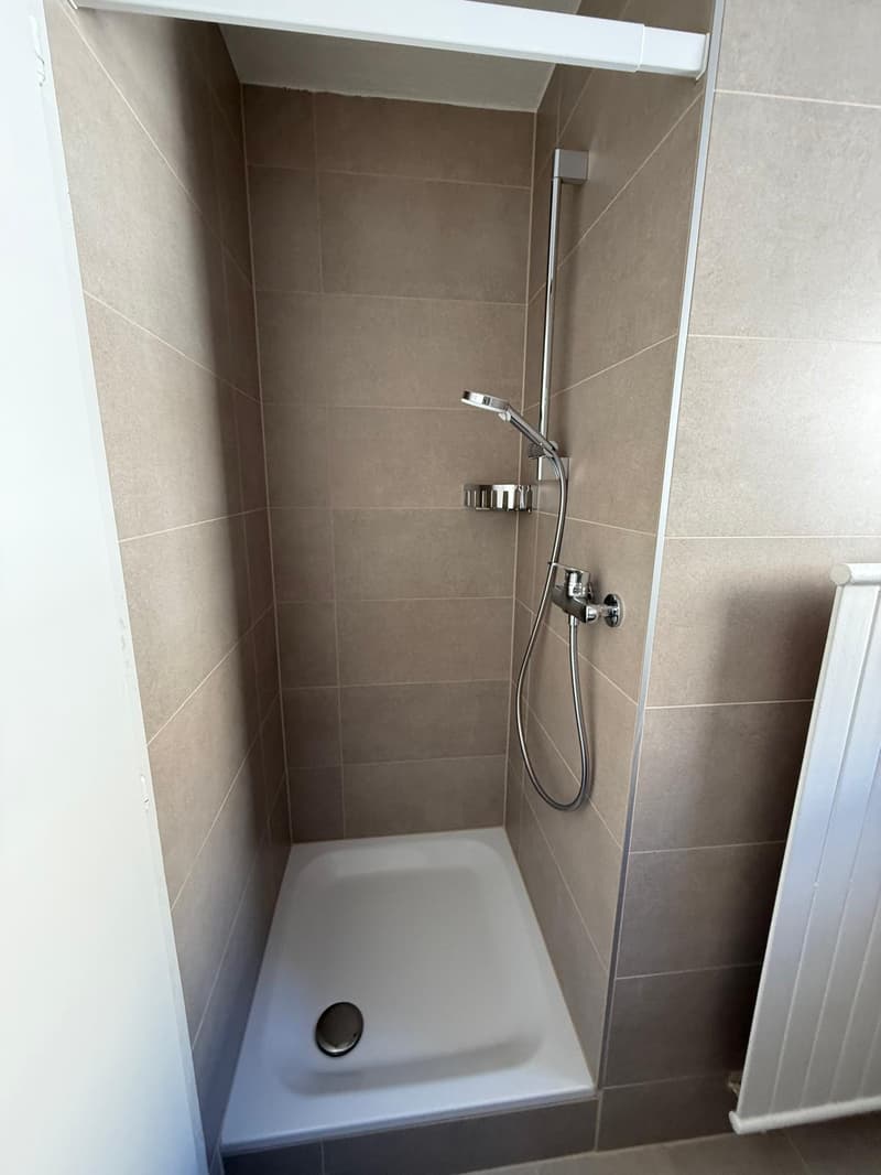small walk-in shower, silver shower fixtures, tiled walls, radiator, white walls