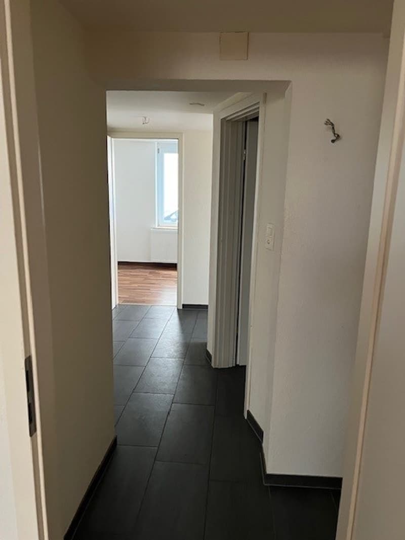 empty hallway with black tiles, white walls, glass window, no visible furniture or objects