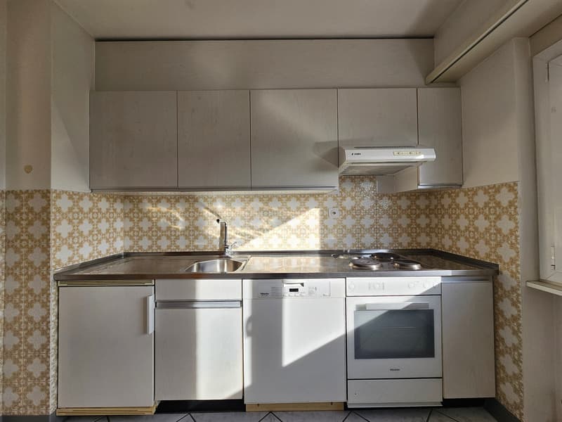Kitchen with a sink, faucet, stove, dishwasher, and oven, with wooden and tiled walls and cabinets