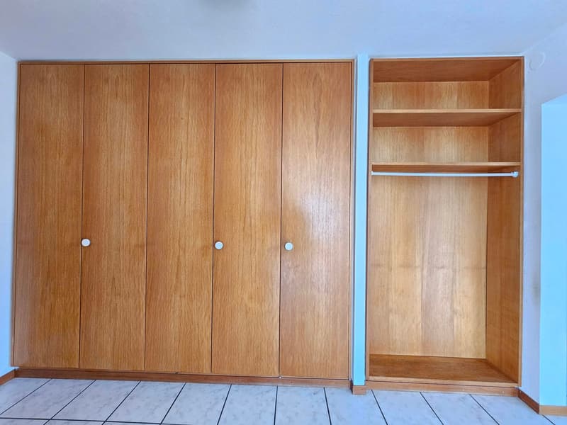 wooden cabinets, wardrobe, and an open bookshelf
