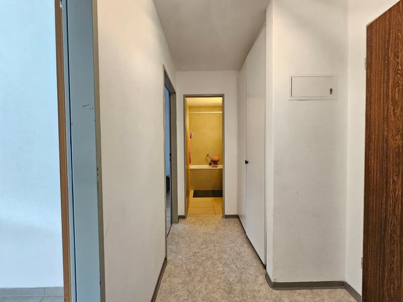 Bathroom, bathtub, white walls, carpet flooring, hallway