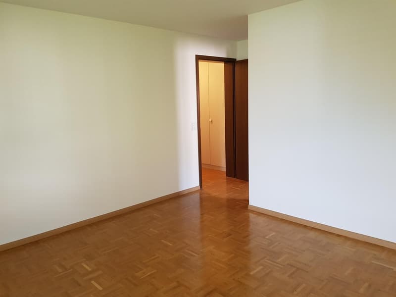 empty room, wooden floor, white walls, a door to a hallway