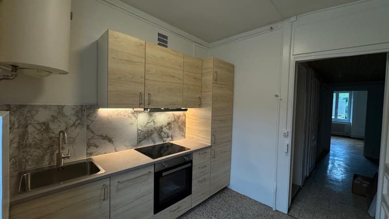 Modern Kitchen, gas stove, oven, dishwasher, sink, wooden cabinets, marble countertop