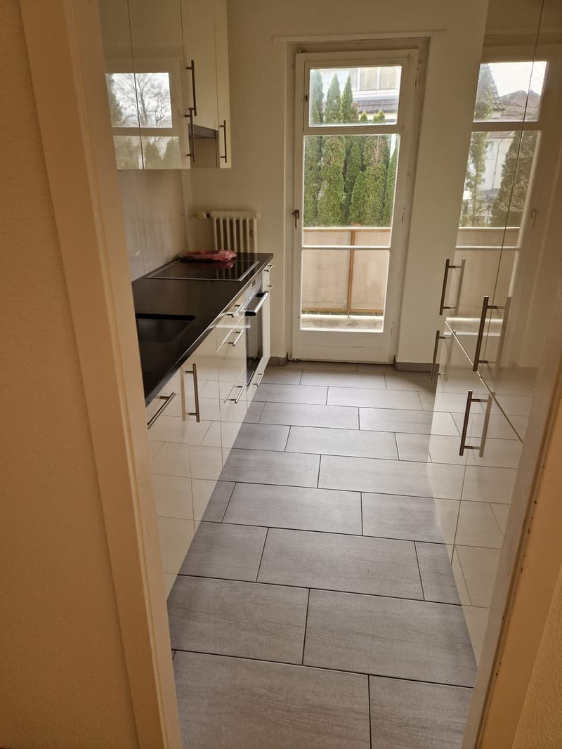 modern kitchen, tile flooring, wooden counter, white cabinets, modern sink, black stove, glass door