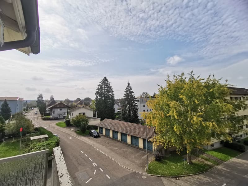 Aerial view of a neighborhood with houses, a car parked in front of a garage, and a tree in the foreground.