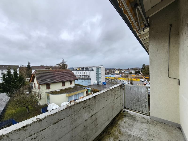 Balcony with view of the city, concrete wall, metal gate, trees, parked cars, buildings