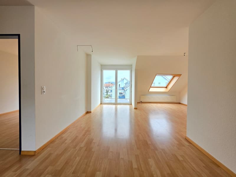 empty room, wooden floor, white walls, glass door, skylight window, power outlet